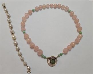 14k Rose Quartz and Jade Necklace, 14k Pearl Bracelet