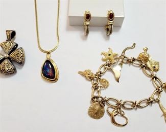 14k Gold Beach Themed Charm Bracelet, 18k Triplet Opal, 14k Ruby Cabochon Earrings, 18k Gold and Silver Konstantino Maltese Cross Pendant w/ Ruby and Diamond 