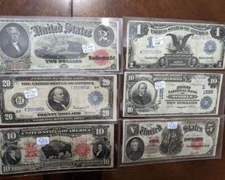 Old U.S. Notes Bills Collection- 1917 $2 note, 1914 FRN $20, 1901 $10 Buffalo, 1899 Silver Cert, 1902 $10 National Mobile AL, 1907 $5 Woodchopper and more..