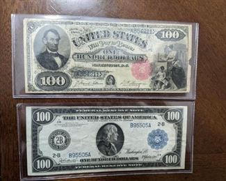 U.S. $100 Bill 1880 Red Seal Scalloped, 1914 FRN $100 bill