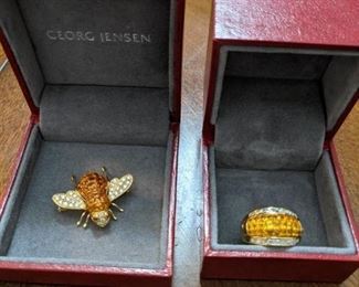 Sabbadini 18k Yellow Sapphire Diamond Bee Pendant and Brooch, Sabbadini 18k Invisible Set Yellow Sapphire Diamond Ring 