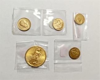 U.S. Gold coins 1927 St Gauden $20, 1861 $2.5 New Reverse, 1910 $2.5, 1914 British Sovereign gold coins
