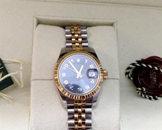 Rolex Ladies Watch 179173 Date Adjust Automatic Rare Blue Concentric Circle Dial.  With box and papers