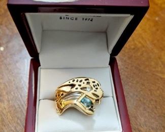Limited Edition 14k Jaguars Ring with Diamond and Blue Zircon