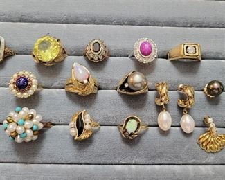 Gold rings and earrings with diamonds, pearls sapphire, opals and more