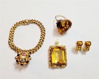 18k Gold Charm Bracelet with gem sphere charm, 18k gold 50 carat plus Citrine Brooch and Ring, 18k Citrine earrings 