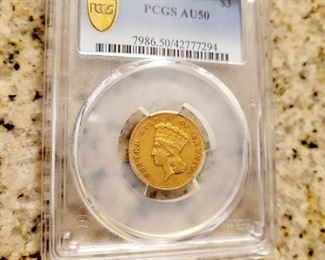 PCGS AU50 1865 $3 U.S. Gold Coin