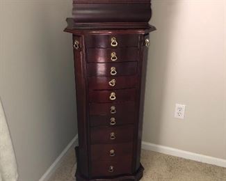 Jewelry Cabinet- drawers, top lid opens and two side doors open for necklaces