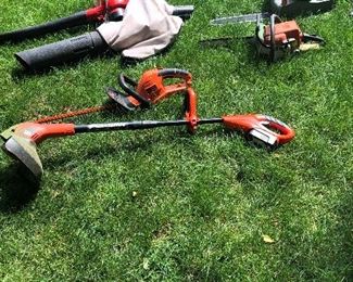 Assorted Power Yard Tools- electric hedge trimmers, electric weed eater, Blower w/ vacuum bag attachment; Stihl model 18, 16' bar chainsaw