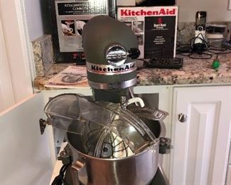 Kitchen Aid Gun Metal Mixer with all attachments behind