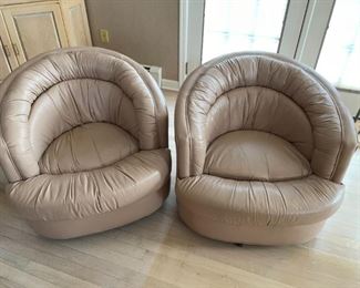 2 MCM Leather Barrel Chairs. Matching Sofa