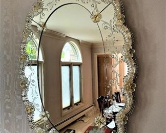 Beautiful Decorative Etched Glass Mirror with Lucite Flowers