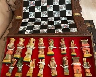 Antique Chinese Chess Set Soapstone Pieces Hand Carved Wood Board Inlay