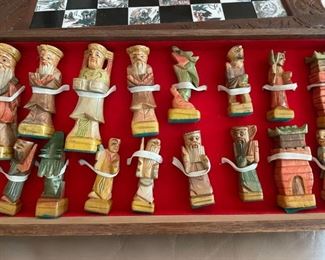 Antique Chinese Chess Set Soapstone Pieces Hand Carved Wood Board Inlay