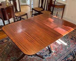 ANTIQUE DOUBLE PEDESTAL DINING TABLE | veneered top, ball and claw feet on casters, with extra leaves (not pictured); h. 29 x 61-1/2 x 46 in. 