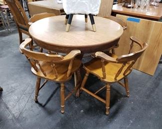 Wood Grain Laminate Top Solid Wood Frame 42" Diameter Round Table with 10" leaf & (4) Solid Wood Captains Armchairs WAS $275 NOW $195