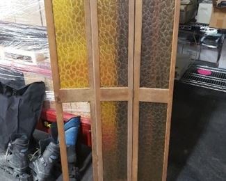 (4) Vintage Wood Frame 3 Panel MCM Amber Crackle Plastic Insert Window Panels 51"H x 24" (1 panel missing bottom plastic) $250