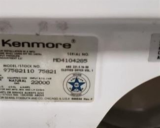 Kenmore Model# 97582110White 80 Series Heavy Duty Gas Dryer Works WAS $175 NOW $150