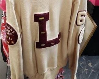 Vintage 1960's Basketball Champions Sweater (Leyden ) Belonged to Asst Coach In 1960s. several patched & pins included as shown $175