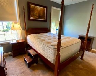 Lot 8201. $1795.00  American Drew Queen Bedroom Set. Includes: Queen Bed and Sealy Posturepedic Mattress (65" W x 88" L x 46" T), posts are 83" T, 2 night stands w/3 drawers (22"W x 15"S x 26"T); Chippendale Tallboy (38"W x 19"D x 84"T) 9 drawers and 1 pull (broken, but included). 