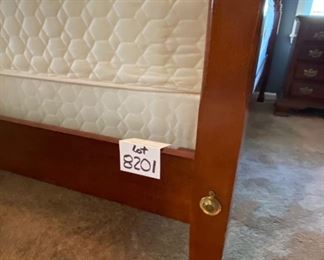 Lot 8201. $1795.00  American Drew Queen Bedroom Set. Includes: Queen Bed and Sealy Posturepedic Mattress (65" W x 88" L x 46" T), posts are 83" T, 2 night stands w/3 drawers (22"W x 15"S x 26"T); Chippendale Tallboy (38"W x 19"D x 84"T) 9 drawers and 1 pull (broken, but included). 