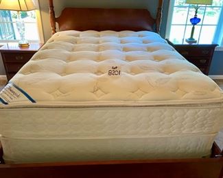 Lot 8201. $1795.00  American Drew Queen Bedroom Set. Includes: Queen Bed and Sealy Posturepedic Mattress (65" W x 88" L x 46" T), posts are 83" T, 2 night stands w/3 drawers (22"W x 15"S x 26"T); Chippendale Tallboy (38"W x 19"D x 84"T) 9 drawers and 1 pull (broken, but included). 