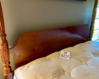 Lot 8201. $1795.00 American Drew Queen Bedroom Set. Includes: Queen Bed and Sealy Posturepedic Mattress (65" W x 88" L x 46" T), posts are 83" T, 2 night stands w/3 drawers (22"W x 15"S x 26"T); Chippendale Tallboy (38"W x 19"D x 84"T) 9 drawers and 1 pull (broken, but included).