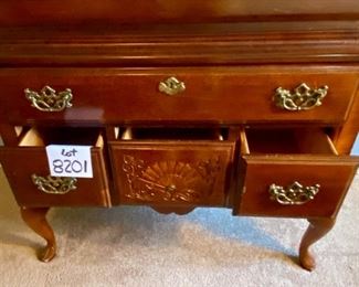 Lot 8201. $1795.00 American Drew Queen Bedroom Set. Includes: Queen Bed and Sealy Posturepedic Mattress (65" W x 88" L x 46" T), posts are 83" T, 2 night stands w/3 drawers (22"W x 15"S x 26"T); Chippendale Tallboy (38"W x 19"D x 84"T) 9 drawers and 1 pull (broken, but included).