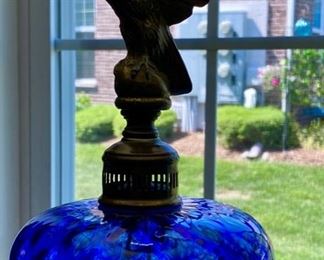 Lot 8202. $125.00 Vintage Table Lamp w/cobalt glass and brass eagle on a marble base. 34.5" T and base of 5"square.