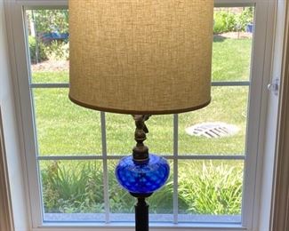 Lot 8202. $125.00 Vintage Table Lamp w/cobalt glass and brass eagle on a marble base. 34.5" T and base of 5"square.