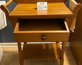 Lot 8206. $195.00 Vintage Wash stand with 2 side towel racks and 1 drawer and open lower shelf. 27.5" W x 17"L x 34.5" T.