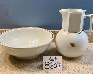 Lot 8207. $45.00 Antique Anthony Shaw & Son Bowl and Pitcher set. Bowl has a hairline crack, otherwise in good condiiton. Bowl: 14.5" diam and 5" T, Pitcher 11.5" T x 8" W
