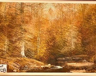 Lot 8208. $295.00 Joe Shell, Brown County, Indiana Woodlands/Landscape Artist, 45" L x 36" W. Fall Woodlands Scene. Very intricate painting style with lots of texture. This is 1 of 3 paintings we have for sale.