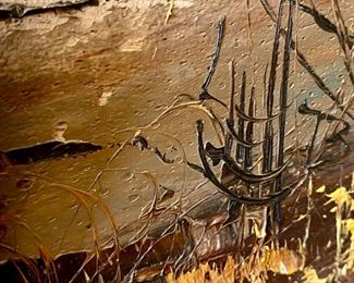 Lot 8209. $195.00. Original Oil Painting by Joe Shell, Indiana Woodland Artist. 19" W x 23" T Cool Signature above.