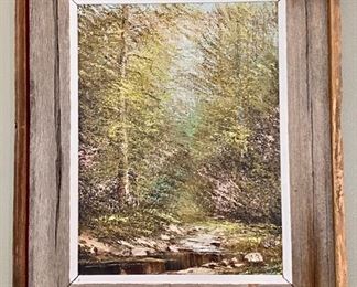Lot 8210. $195.00 Original Oil painting by Joe Shell in a cool barn wood frame. 19" W x 22" T