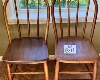 Lot 8211. $60.00 Pair of Antique Wood kitchen table dining chairs, one has an antique chair pad with a rooster motif. 16" W x 19.5" D x 34.5" T These chairs are super cute for decorating, holding plants, throw a quilt on it and hundreds of other ideas to give your home some personality!