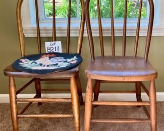 Lot 8211. $60.00 Pair of Antique Wood kitchen table dining chairs, one has an antique chair pad with a rooster motif. 16" W x 19.5" D x 34.5" T These chairs are super cute for decorating, holding plants, throw a quilt on it and hundreds of other ideas to give your home some personality!