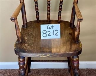 Lot 8212. $60.00. Antique Childs High Chair with foot rest, so cute! 15.5" W x 18" D x 34.5" T, no tray-push up to the table.