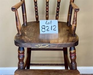 Lot 8212. $60.00. Antique Childs High Chair with foot rest, so cute! 15.5" W x 18" D x 34.5" T, no tray-push up to the table.