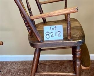 Lot 8212. $60.00. Antique Childs High Chair with foot rest, so cute! 15.5" W x 18" D x 34.5" T, no tray-push up to the table.