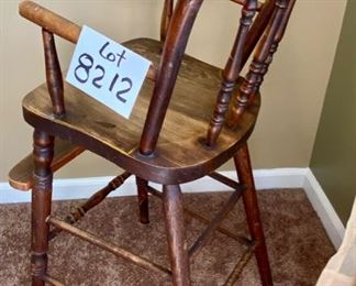 Lot 8212. $60.00. Antique Childs High Chair with foot rest, so cute! 15.5" W x 18" D x 34.5" T, no tray-push up to the table.