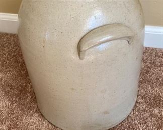Lot 8213. $150.00 Antique Salt Glazed Butter Churn/Crock with lid and paddle bottom, appears to be a #3 in script on front, No Paddle Stick, and 2 antique wood butter molds/stamps 14" T x 10"diam. Normal Used Condition; displays great and very cool butter molds as well.
