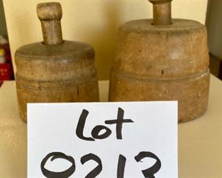 Lot 8213. $150.00 Antique Salt Glazed Butter Churn/Crock with lid and paddle bottom, appears to be a #3 in script on front, No Paddle Stick, and 2 antique wood butter molds/stamps 14" T x 10"diam. Normal Used Condition; displays great and very cool butter molds as well.