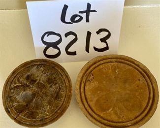 Lot 8213. $150.00 Antique Salt Glazed Butter Churn/Crock with lid and paddle bottom, appears to be a #3 in script on front, No Paddle Stick, and 2 antique wood butter molds/stamps 14" T x 10"diam. Normal Used Condition; displays great and very cool butter molds as well.