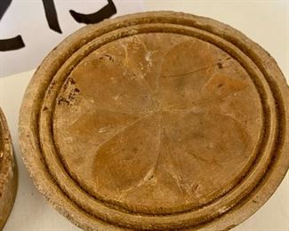 Lot 8213. $150.00 Antique Salt Glazed Butter Churn/Crock with lid and paddle bottom, appears to be a #3 in script on front, No Paddle Stick, and 2 antique wood butter molds/stamps 14" T x 10"diam. Normal Used Condition; displays great and very cool butter molds as well.