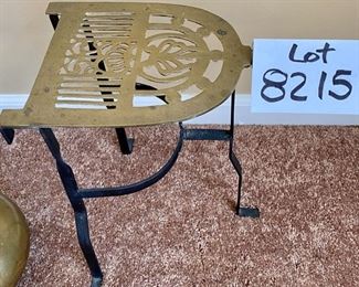 Lot 8215. $75.00. Three Piece Wood Handled brass warming stand (7" W x 14" T x 13" L) with a footed brass tea pot (JCB marking) with amber glass handle (10"w x 7"diam x 8" T) and a smaller amber glass handled footed tea pot (JCB marking). Very Rare Set.