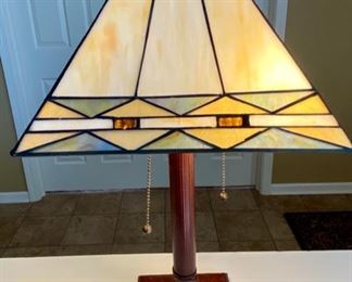 Lot 8218. $38.00 Cute Double pull desk lamp acrylic stained glass look shade. Shade 11"sq, 21"t x 6"sq base. Cream, gold, green colors