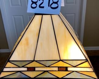 Lot 8218. $38.00 Cute Double pull desk lamp acrylic stained glass look shade. Shade 11"sq, 21"t x 6"sq base. Cream, gold, green colors