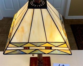 Lot 8218. $38.00 Cute Double pull desk lamp acrylic stained glass look shade. Shade 11"sq, 21"t x 6"sq base. Cream, gold, green colors