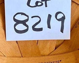 Lot 8219. $45.00 3 pcs Longaberger 1993 signed handled apple basket. 13" diam x 8" T and 2 brass pails. Brass pails measure 11" diam x 7" T and 13" diam x 8" T. also includes one metal brass colored stand.